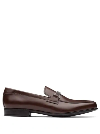 Prada Logo Plaque Loafers In Brown