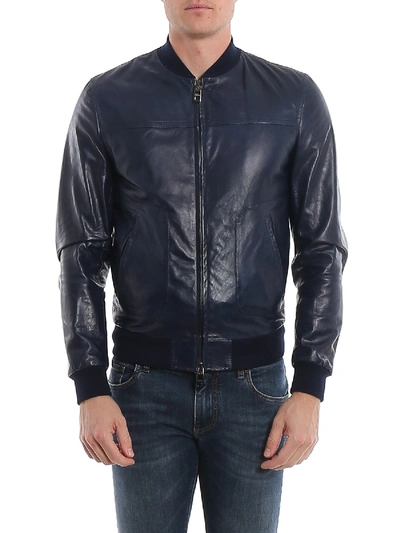 Dolce & Gabbana Leather Bomber Jacket In Blue