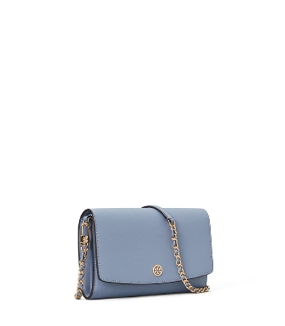 Tory Burch Robinson Leather Wallet On Chain In Bluewood