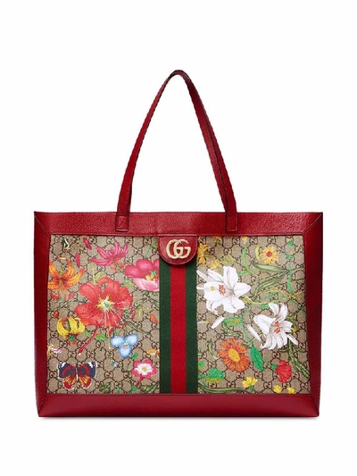 Gucci Floral Printed Tote In Red