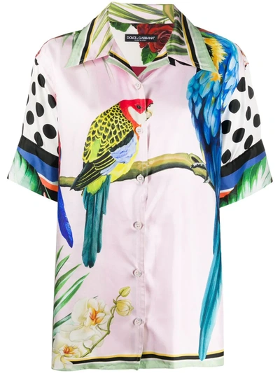 Dolce & Gabbana Oversized Short-sleeved Shirt In Twill With Flower And Parrot Print In White