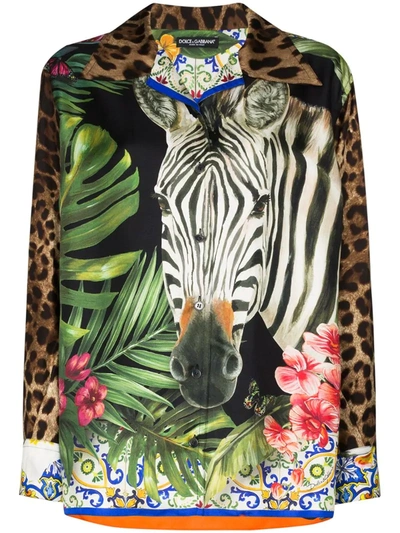 Dolce & Gabbana Oversized Shirt In Twill With Zebra And Leopard Print In Brown,black,green