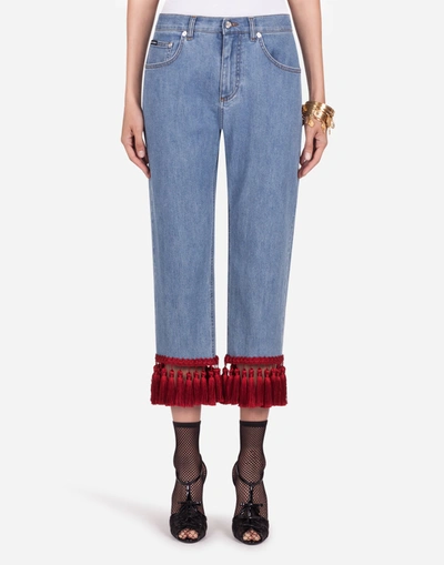 Dolce & Gabbana Boyfriend-fit Jeans In Stretch Denim With Fringing In Blue