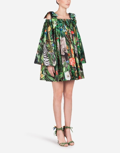 Dolce & Gabbana Short Poplin Dress With Braces And Jungle Print In Multicolored