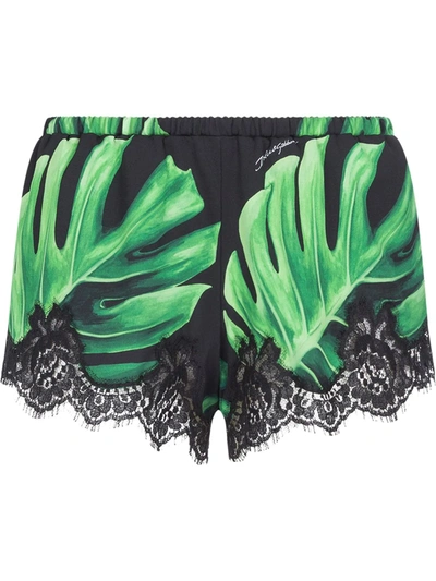 Dolce & Gabbana Underwear Shorts In Charmeuse With Lace And Philodendron Print In Black