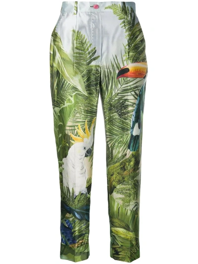 Dolce & Gabbana High-waisted Trousers In Shantung With Jungle Forest Print In Blue