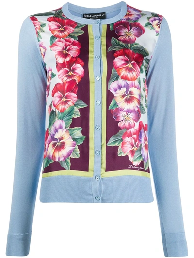 Dolce & Gabbana Floral-print Twill-paneled Silk Cardigan In Light Blue