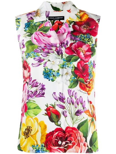 Dolce & Gabbana Sleeveless Poplin Shirt With Mixed Floral Print In Mix Fiori Fdo Bianco (red)