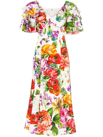 Dolce & Gabbana Short-sleeved Charmeuse Midi Dress With Mixed Floral Print In White