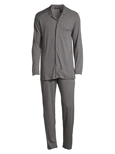 Hanro Basic Piped 2-piece Long Pajama Set In Medium Melange