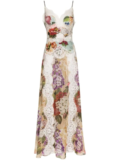 Dolce & Gabbana Chiffon Slip Dress With Mixed Floral Print And Lace Details In Green