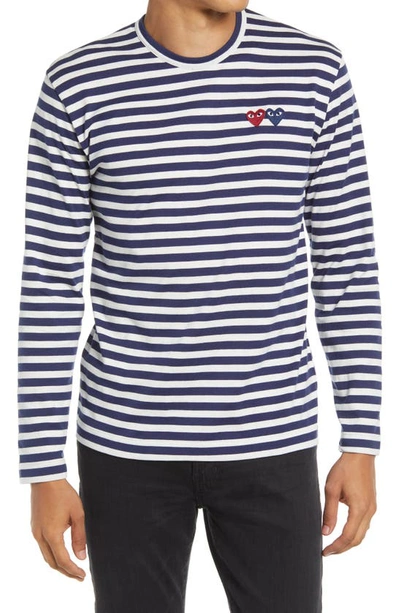 Comme Des Garçons Twin Appliqué Stripe T-shirt In Navy/ White