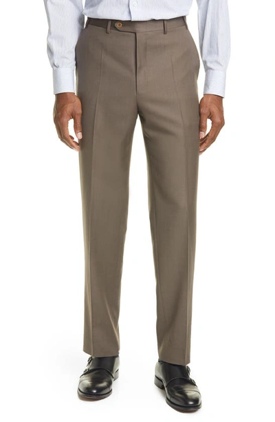 Canali Flat Front Wool Trousers In Marró
