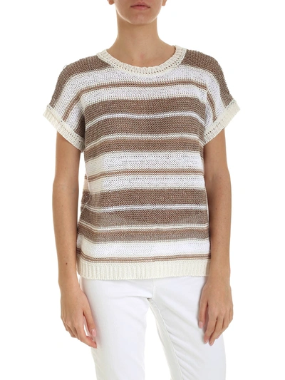 Peserico Striped Knit Short-sleeve Sweater In White/brown