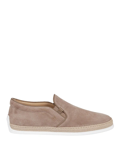 Tod's Perforated Suede Slip-ons In Taupe