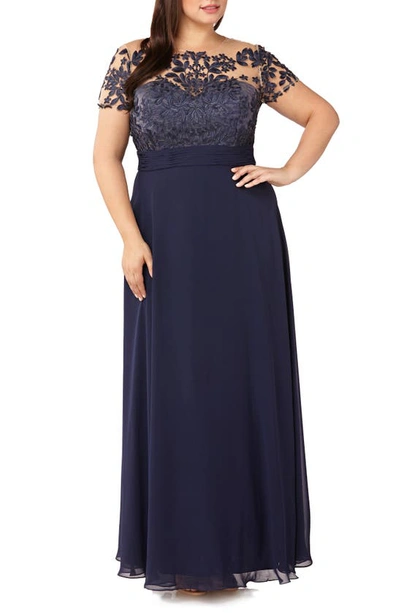 Js Collections Floral Embroidered Chiffon Gown In Navy