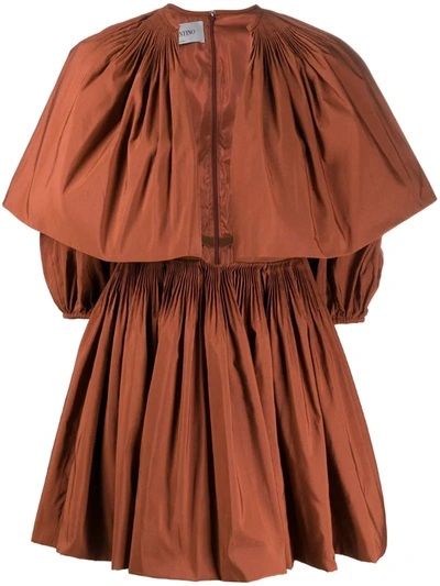 Valentino Pleated Puff-sleeve Dress In Brown