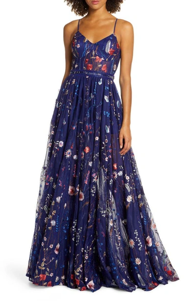 Mac Duggal Floral-embroidered Sweetheart Sleeveless Bustier Gown In Indigo