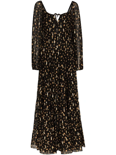 Rixo London Cameron Star Print Long Sleeve Metallic Silk Maxi Dress In Mini Star Black Gold