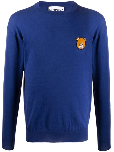 Moschino Men's Crew Neck Neckline Jumper Sweater Pullover Teddy Bear In Blue