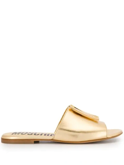 Moschino Laminated Leather Slipper With Metal Logo In Light Gold
