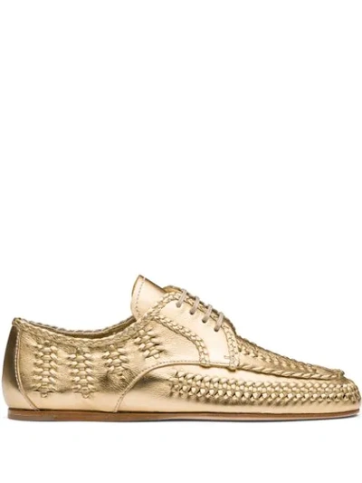 Prada Woven Metallic Crinkled-leather Brogues In Gold