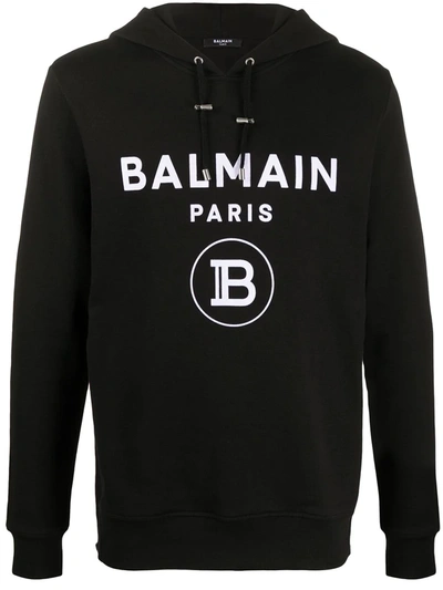 Balmain Logo Print Zip Cotton Jersey Hoodie In Black