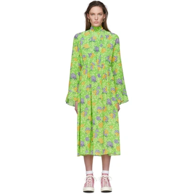 Les Rêveries Ruffle Cuff Floral Silk Long Sleeve Midi Dress In Green