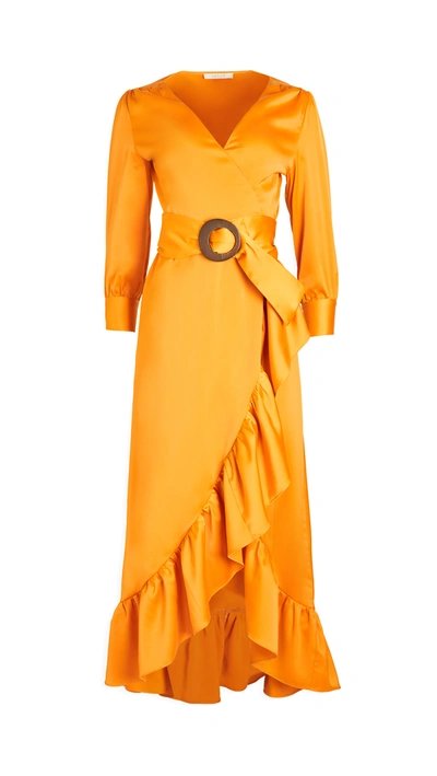 Wayf Savoia Belted Satin High/low Midi Dress In Tangerine