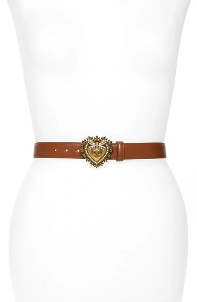 Dolce & Gabbana Devotion Logo Heart Buckle Leather Belt In Brown