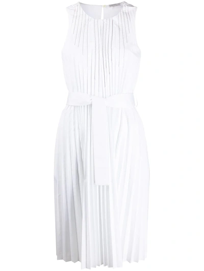 Brunello Cucinelli Pleated Skirt Asymmetrical Midi Dress In White