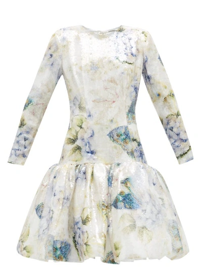 Rodarte Floral Sequin Drop Waist Long Sleeve Dress In Watercolor Hydrangea