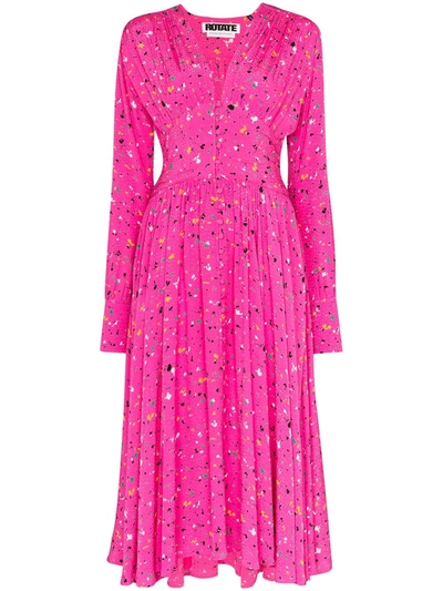 Rotate Birger Christensen Tracy Print Long Sleeve Midi Dress In Pink