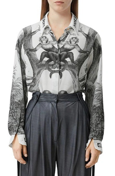 Burberry Monkey & Logo Print Silk Shirt In Monochrome