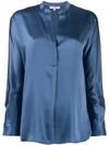 Vince Band Collar Long Sleeve Silk Blouse In Blue