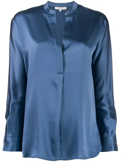 Vince Band Collar Long Sleeve Silk Blouse In Blue