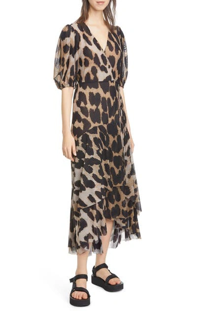 Ganni Floral Print Mesh Midi Wrap Dress In Leopard