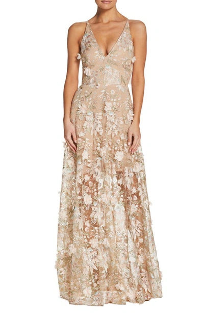 Dress The Population Sidney Deep V-neck 3d Lace Gown In Pink Floral