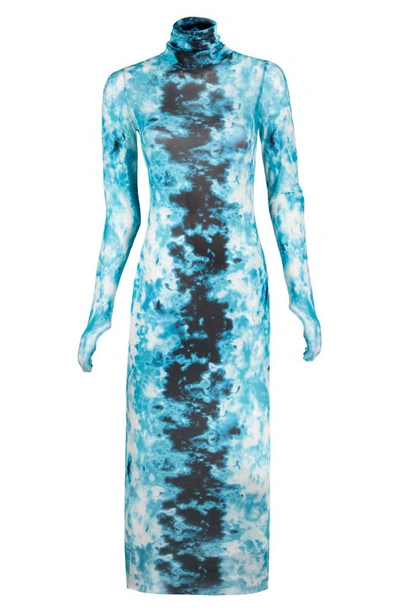 Afrm Shailene Long Sleeve Print Mesh Dress In Aqua Tie Dye