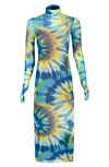 Afrm Shailene Long Sleeve Print Mesh Dress In Yellow Spiral Tie Dye