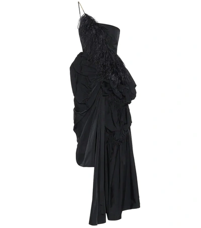 Dries Van Noten Asymmetric Feather-trimmed Crystal-embellished Taffeta Gown In Black