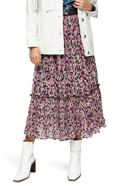 Topshop Smudge Frill Pleat Hem Midi Skirt In Pink Multi