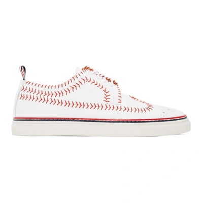 Thom Browne Vitello Calfskin Baseball Stitched Sneakers In Brown,white