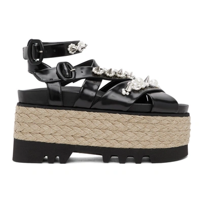 Simone Rocha Embellished Leather Espadrille Flatform Sandals In Black/ Pearl/ Clear