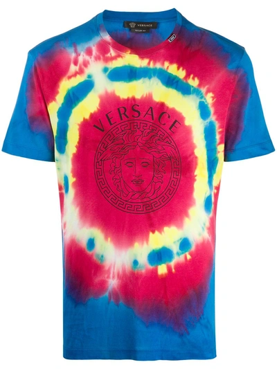 Versace Logo-print Tie-dye Cotton T-shirt In Red,yellow,blue