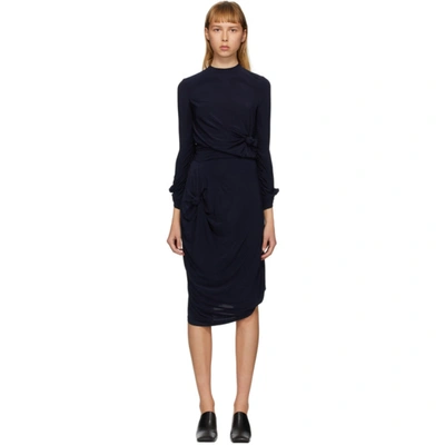 Rokh Draped 3/4 Sleeve Dress In 66 Navy