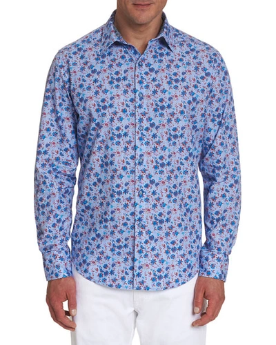 Robert Graham Finish Line Cotton Floral Woodblock Print Classic Fit Button Down Shirt In Blue