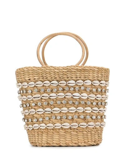 Poolside Mini Embellished Straw Tote In Brown
