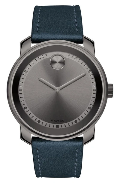 Movado Bold Leather Strap Watch, 42.5mm In Blue/ Gunmetal