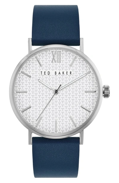 Ted Baker Phylipa Gents Leather Strap Watch, 43mm In Blue/ White T-pattern/ Silver